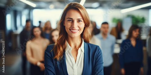 Portrait of a smiling young businesswoman in the office. Work partners in the background. Generative AI © Farnaces