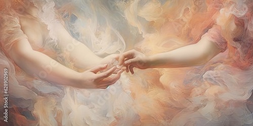 Blurred and cloudy background with hands that touch each other as a sign of love. Generative AI