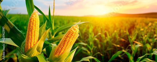 Foto Corn cobs in corn plantation field.