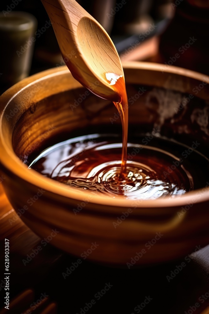 Inside a Wooden Bowl, a Stream of Dark Liquid Inside a Wooden Bowl, a Stream of Dark Liquid