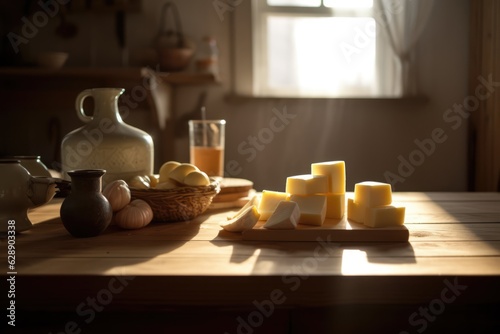 Sunlight Shining on a Wooden Table with Various Food Items