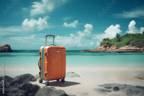 yellow / orange travel suitcase on the beach  summer, vacation, traveling, airplane.  © LiezDesign