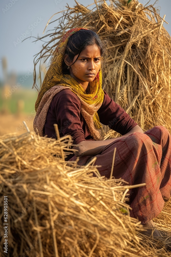 Indian woman sitting in hay stack - A Rural Scene Fictional Character Created By Generative AI. Indian woman sitting in hay stack - A Rural Scene Fictional Character Created By Generative AI.