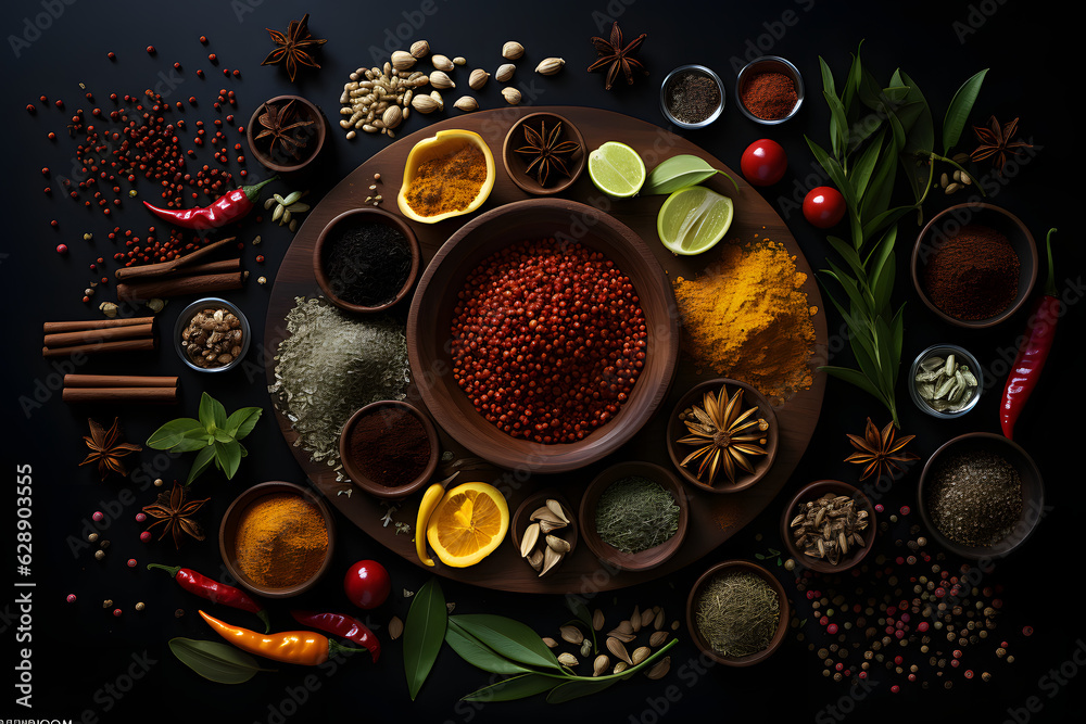 spices and herbs on a wooden table. 