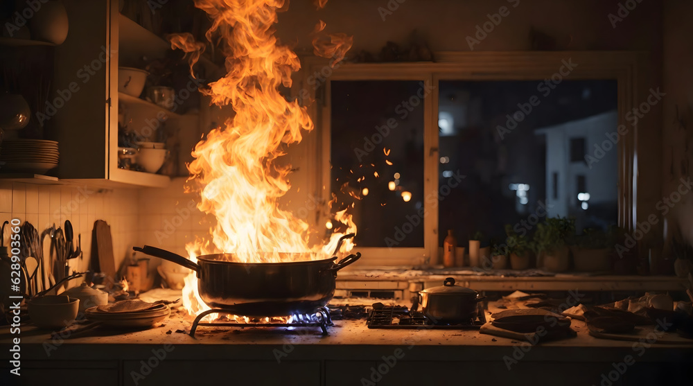 キッチンで火災、住宅火災|Fire in the kitchen, residential fire. Generative AI キッチンで火災、住宅火災|Fire in the kitchen, residential fire. Generative AI