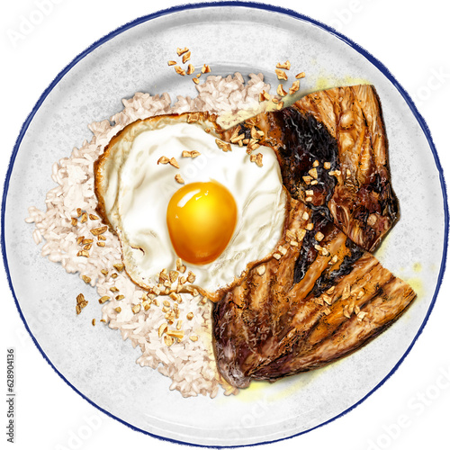 Bangus Silog/ Fried Milkfish Silog: an all-time favorite Filipino breakfast; a delectable ensemble of fried marinated milkfish, garlic fried rice, and a perfectly fried sunny side-up egg. photo
