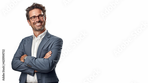 Geschäftsmann mit schicken Anzug mit verschrenkten Armen lacht auf weißen Hintergrund Porträt, ai generativ