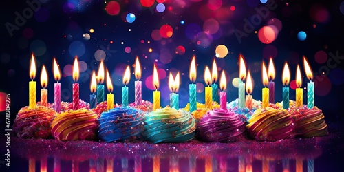 Colorful birthday cake with burning candles on blue bokeh background. candles with confetti.