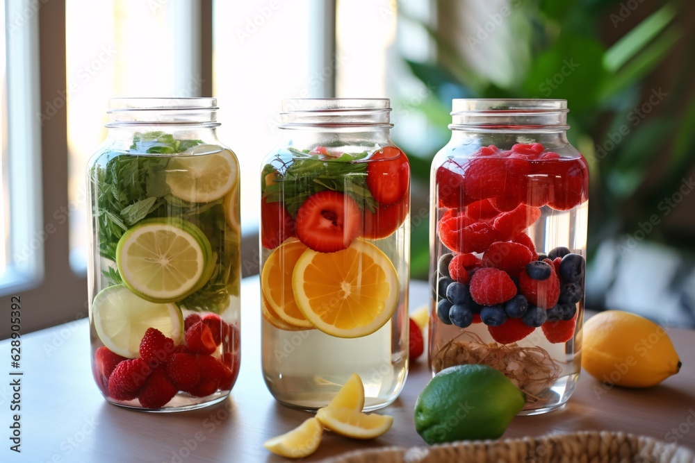 Detox fruit infused water. Refreshing summer homemade cocktail, selective focus. Detox fruit infused water. Refreshing summer homemade cocktail, selective focus.