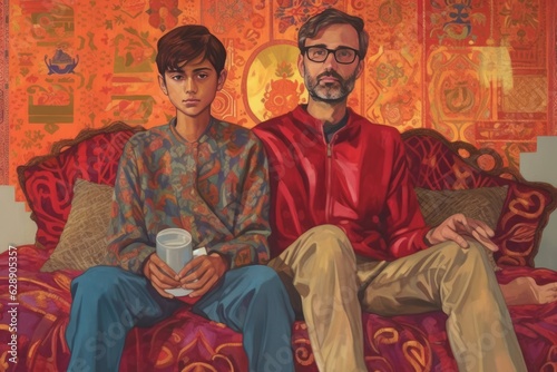A father and son sitting together on a couch, bonding over a cup of coffee. Fictional Character Created By Generative AI.