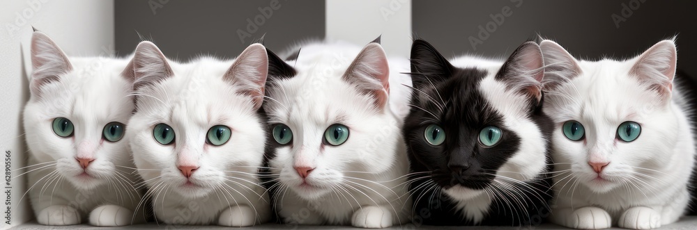 Group of Different kitties heads peeks out from behind a grey white wall. Row of Funny cat peeks out. Image for veterinary clinics, sites about pets. Copy space. Banner Group of Different kitties heads peeks out from behind a grey white wall. Row of Funny cat peeks out. Image for veterinary clinics, sites about pets. Copy space. Banner