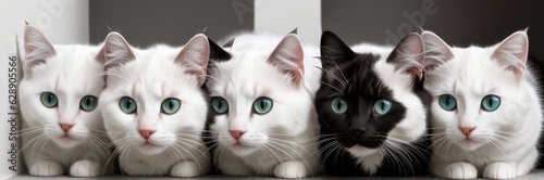 Group of Different kitties heads peeks out from behind a grey white wall. Row of Funny cat peeks out. Image for veterinary clinics, sites about pets. Copy space. Banner