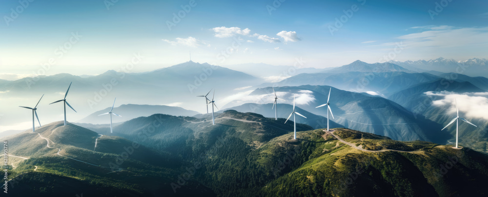 Wind turbines generating green power high in mountains. Generative AI