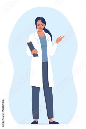 Doctor in medical uniform pointing and showing something with hand. Medicine worker woman explaining and presenting something. Vector flat illustration. © Alena
