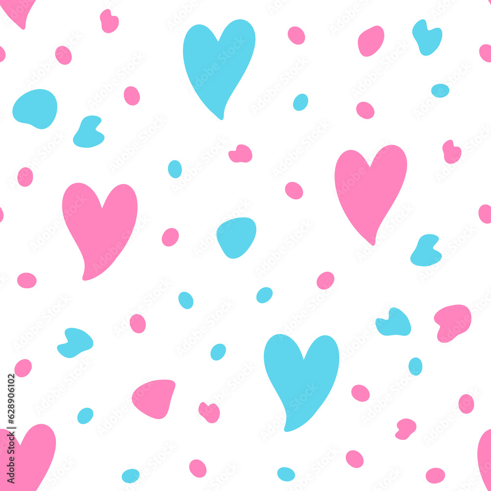 LGBTQ rights seamless pattern with pink and blue hearts and dots on white background. Cute transgender flag allover print. Pride month endless illustration