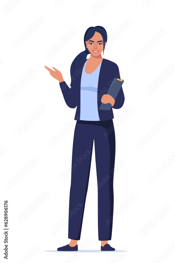 Woman introduce, show and present something. Business speaker standing with clipboard and pointing direction, gesturing with arm. Female presenter. Vector illustration. Woman introduce, show and present something. Business speaker standing with clipboard and pointing direction, gesturing with arm. Female presenter. Vector illustration.