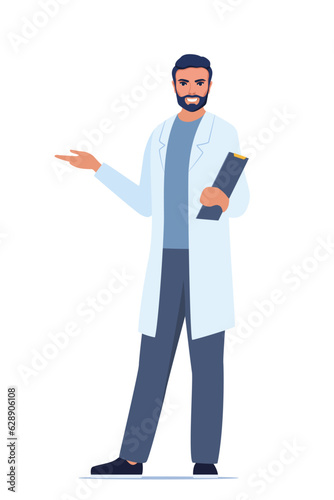 Doctor in medical uniform pointing and showing something with hand. Medicine worker man explaining and presenting something. Vector flat illustration.
