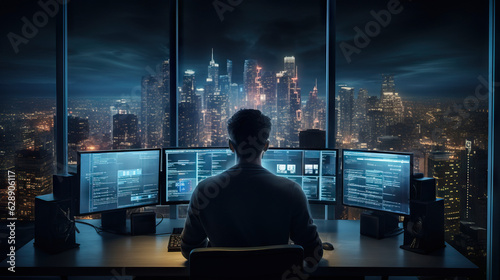Stock Trader on Computer Overlooking City. Powerful Programmer. Data Scientist. Working on Screens. Sky Scrapers. Concept of Future, Trade, Technology, and Hacker.