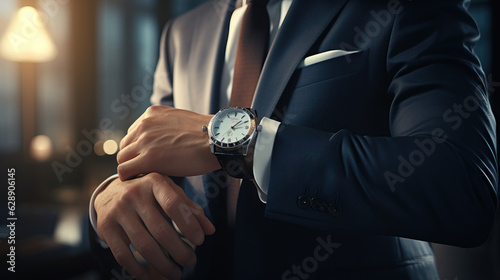 Man in Business Suit Adjusting Wrist Button. Beautiful Watch. Torso Shot. Concept of Elegant, Dressed Up, Spiffy, Luxury, and Expensive.