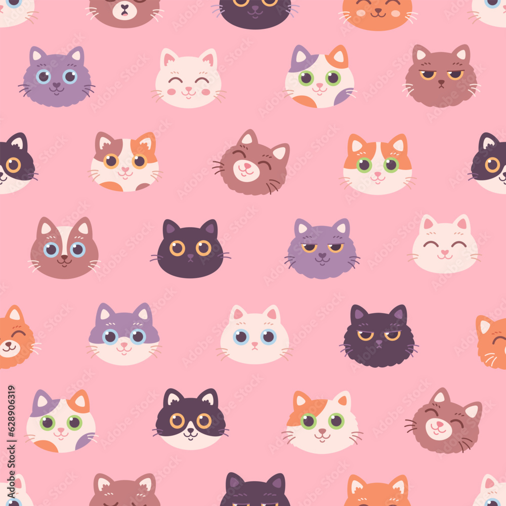 Cat faces seamless pattern. Cat characters with different emotions and facial expressions. Vector illustration in flat style