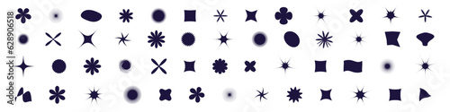 Retro Y2K abstract geometric shapes, star and flower figures. Funky design icons enhancing visual backgrounds. Flat vector illustrations isolated on white background.