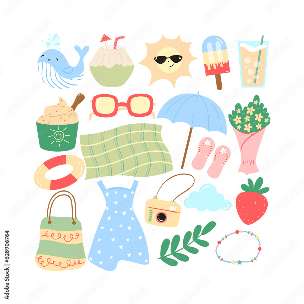 Fototapeta premium Summer Elements. Summer vector icon set for sticker. Icons, signs and banners. Bright summertime poster. Collection elements for summer holidays and party. Vector illustration