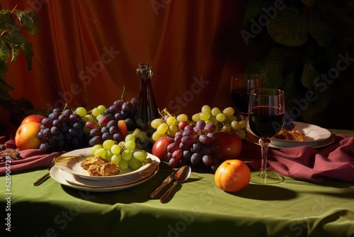 A delicious and colorful table setting with a plate of fruit, wine glasses, and a bottle of wine.