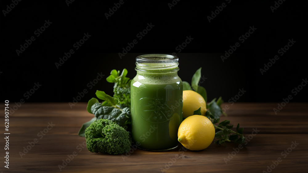 Smoothie Getränke in Flaschen und in Reihe mit früchten dekoriert, ai generativ Smoothie Getränke in Flaschen und in Reihe mit früchten dekoriert, ai generativ