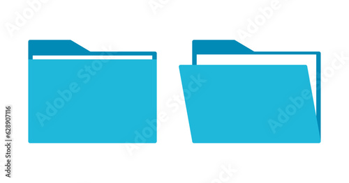 Open folder and close folder. Folders with documents. Blue Folder icons. Vector illustration.