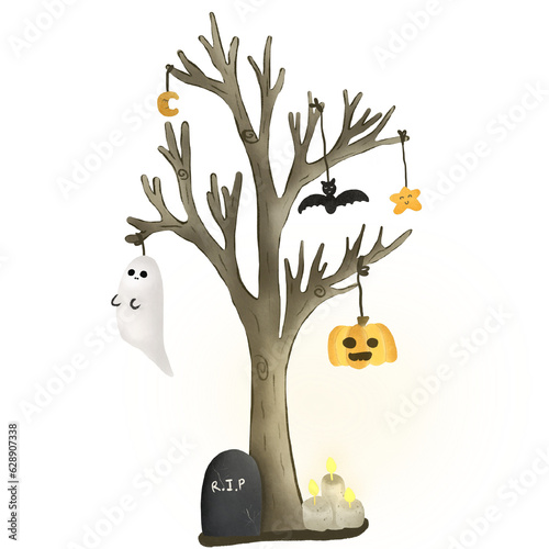Konstfotografi Tree Halloween ghost bat pumpkin and candle