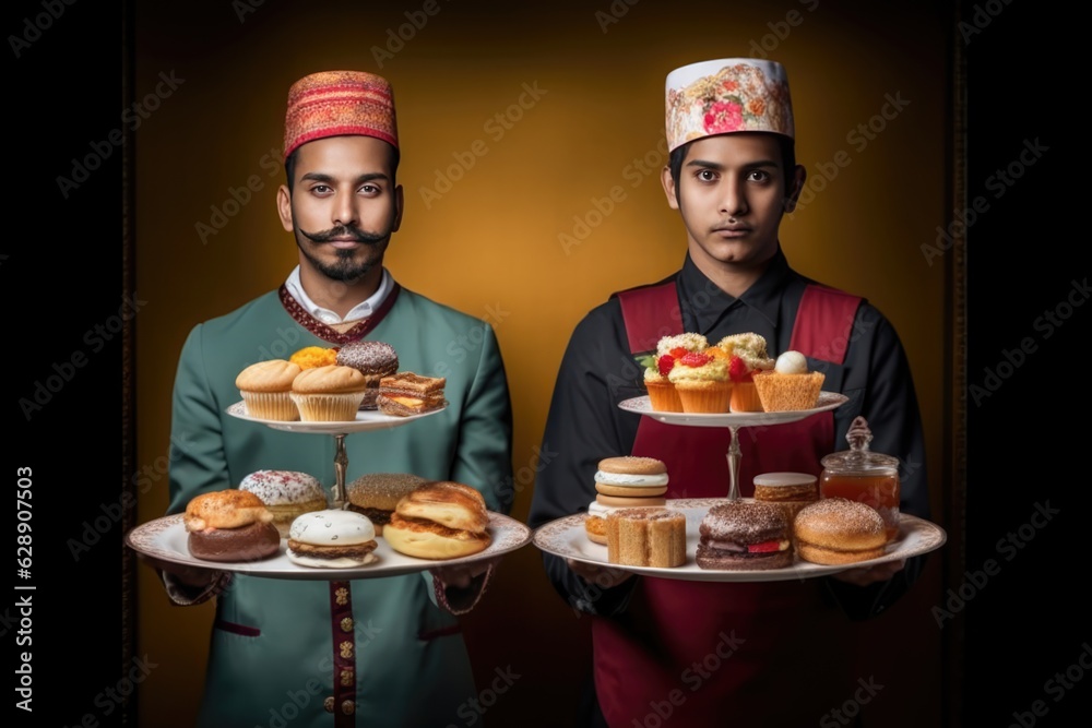 Two Men Presenting A Variety of Pastries and Desserts Fictional Character Created By Generative AI. Two Men Presenting A Variety of Pastries and Desserts Fictional Character Created By Generative AI.