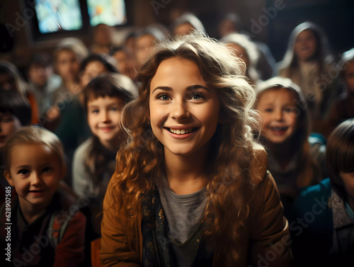 Academic Concept. Smiling junior asian schoolgirl sitting at table in classroom, writing in notebook, posing and looking at camera. A group of different classmates studying in the background