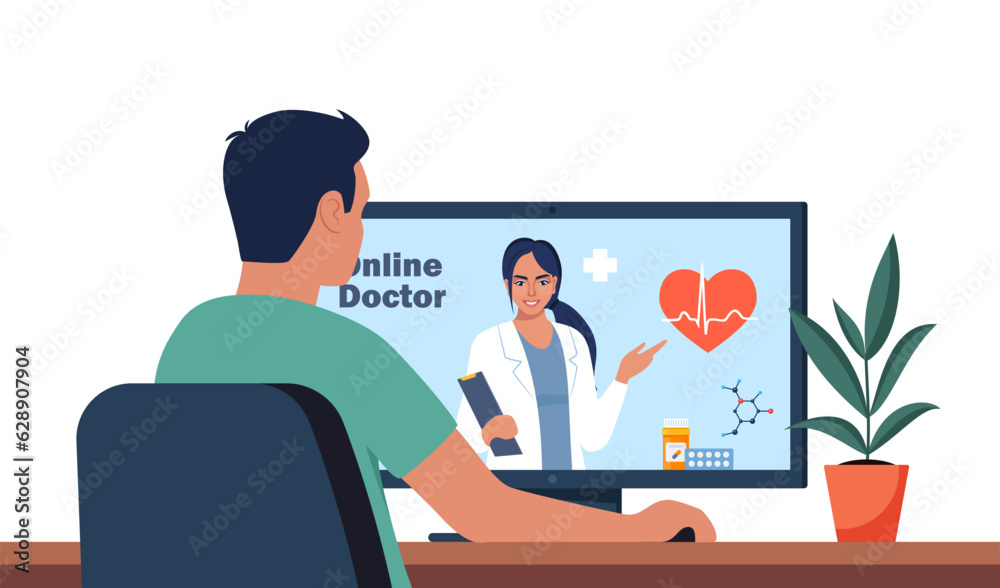 Obraz premium Man consulting a doctor online using his computer, telemedicine and online doctor concept. Video call meeting with doctors at home. Online doctor talking with a patient. Vector illustration.