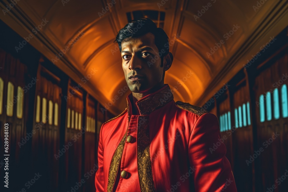 A man in a red jacket stands in a train station Fictional Character Created By Generative AI A man in a red jacket stands in a train station Fictional Character Created By Generative AI