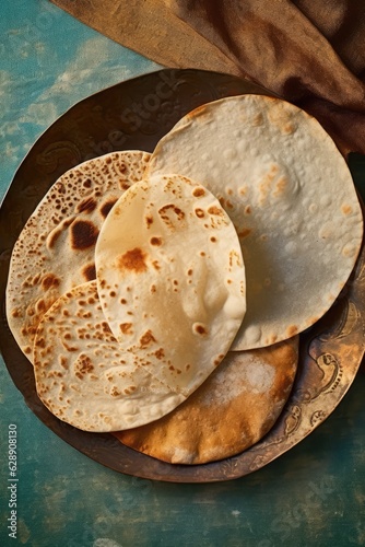 A plate full of three tortillas or flatbreads