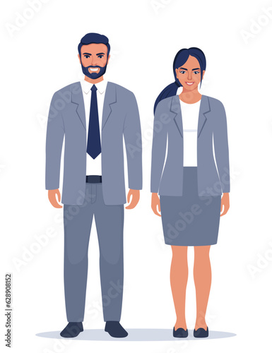 Elegant young man and woman in business suits. Flat sytle illustration of a handsome successful business people.