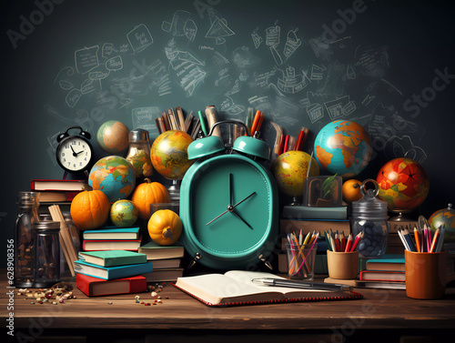 Ready for school concept background with books, alarm clock and accessory 3D Rendering,