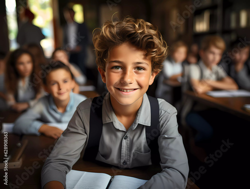 Academic Concept. Smiling junior asian schoolgirl sitting at table in classroom, writing in notebook, posing and looking at camera. A group of different classmates studying in the background © Budairomi