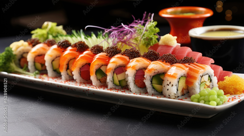 A poster photo featuring a long plate of assorted Sushi , Background, Food Photography, Generative Ai A poster photo featuring a long plate of assorted Sushi , Background, Food Photography, Generative Ai