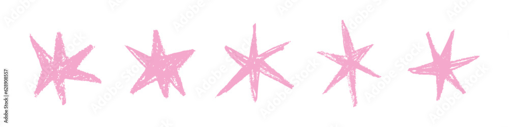 Shape elements, abstract. Graphic pink stars among scribble doodles, color collage. Flat vector illustrations isolated on white background