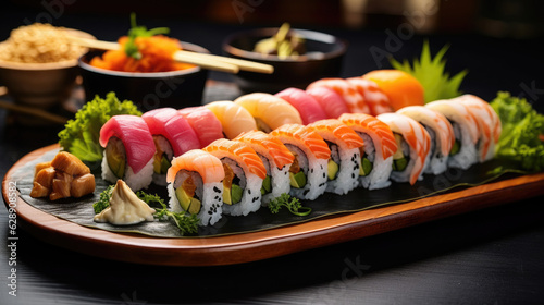A poster photo featuring a long plate of assorted Sushi , Background, Food Photography, Generative Ai