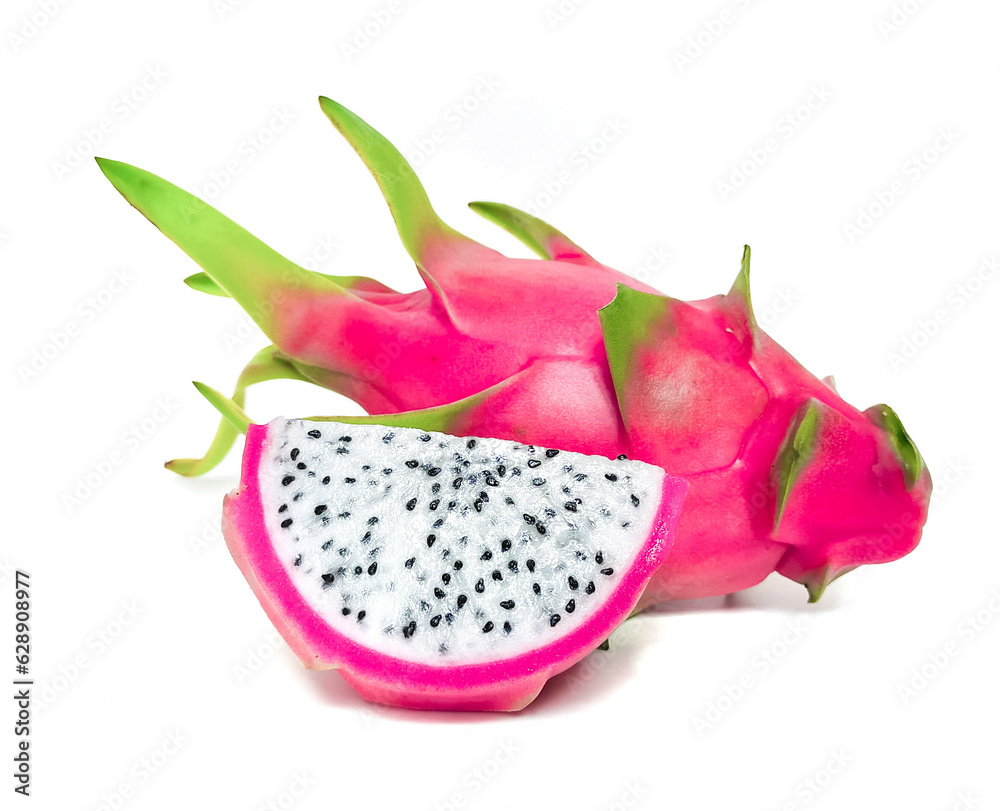 Fresh and Juicy Pink Organic Dragon Fruit White flesh and black seeds, colorful colors, isolated on a white background. Fresh and Juicy Pink Organic Dragon Fruit White flesh and black seeds, colorful colors, isolated on a white background.