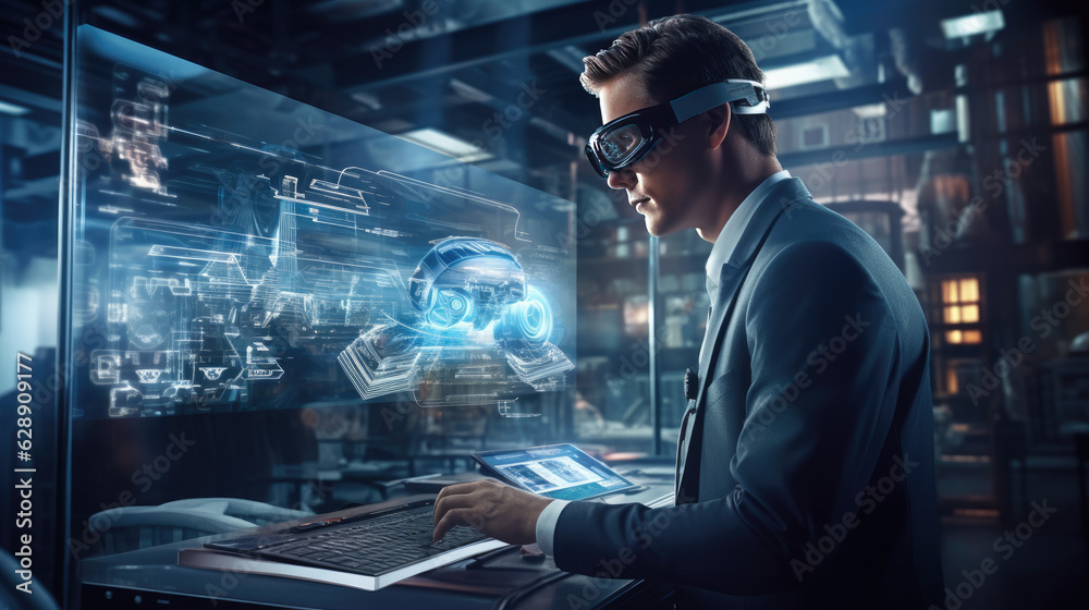 A professional using a futuristic device or wearable technology, augmented reality glasses, while working in a tech-forward office environment. Generative AI A professional using a futuristic device or wearable technology, augmented reality glasses, while working in a tech-forward office environment. Generative AI