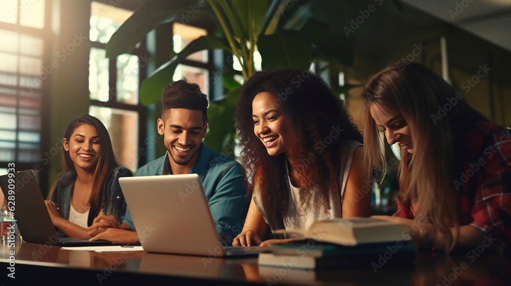 AI generated, realistic photo, very sharp, Multiracial university students sitting together at table with books and laptop - Happy young people doing group study in high school library - Life style co AI generated, realistic photo, very sharp, Multiracial university students sitting together at table with books and laptop - Happy young people doing group study in high school library - Life style co
