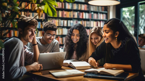 AI generated, realistic photo, very sharp, Multiracial university students sitting together at table with books and laptop - Happy young people doing group study in high school library - Life style co
