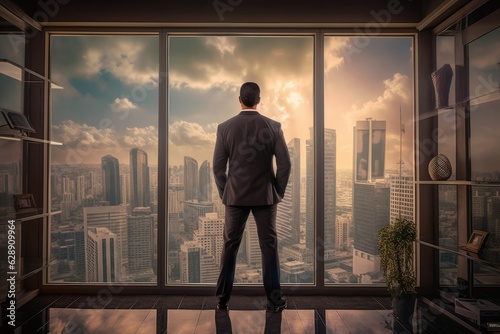 The Successful Businessman Standing in front of the Window overlooking the City Fictional Character Created By Generative AI