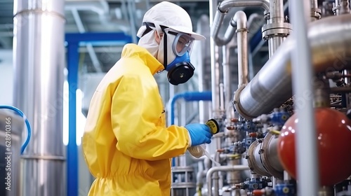 Chemical specialist wear safety uniform and gas mask photo