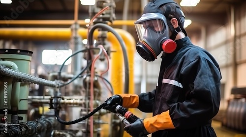 Chemical specialist wear safety uniform and gas mask
