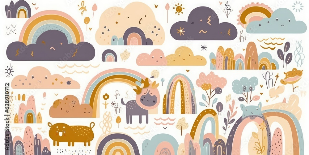 Decorative abstract art collection with modern rainbows, funny animals baby and clouds. Hand-drawn modern illustration. Baby trendy decorative, Generative AI