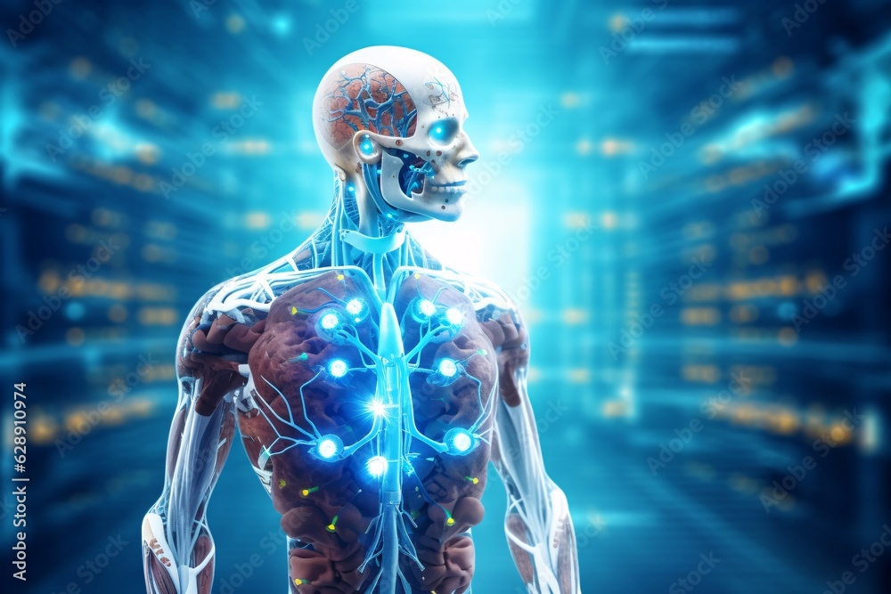 Ai in healthcare. The help of artificial intelligence in the medical practice of surgical intervention. Human and artificial intelligence concept with graphic icons on blue background Ai in healthcare. The help of artificial intelligence in the medical practice of surgical intervention. Human and artificial intelligence concept with graphic icons on blue background
